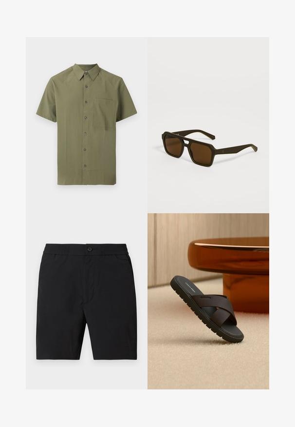 Chemise courte à manches courtes couleur vert olive, boutonnée avec col pointu et une seule poche poitrine, sur fond blanc.; Shorts mi-longs pour hommes noirs avec taille élastique, fermeture par bouton et poches latérales, présentés sur un fond uni.; Sandale à glissière noire avec des brides croisées texturées sur un tapis beige près d'une base de table ronde de couleur ambre.; Lunettes de soleil carrées brun foncé avec des montures épaisses et des branches légèrement inclinées reposant sur une surface gris clair.