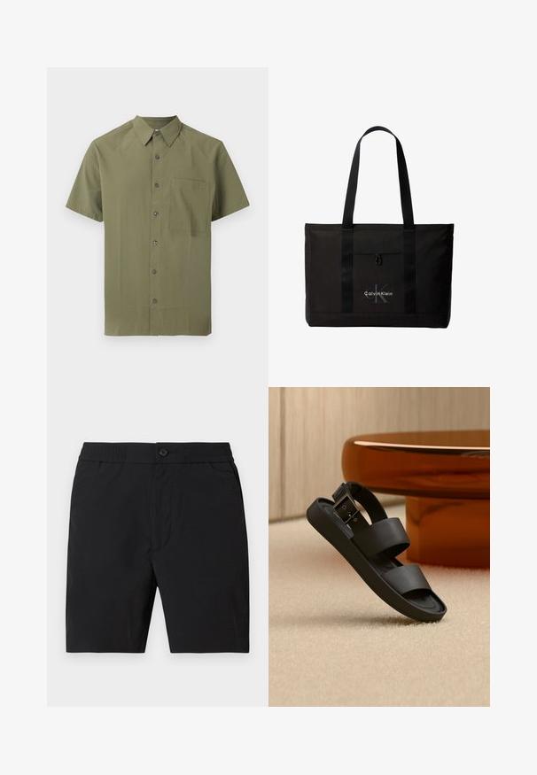Chemise courte à manches courtes couleur vert olive, boutonnée avec col pointu et une seule poche poitrine, sur fond blanc.; Shorts mi-longs pour hommes noirs avec taille élastique, fermeture par bouton et poches latérales, présentés sur un fond uni.; Sandale noire avec double brides et une boucle sur un tapis beige, à côté d'une table ronde de couleur ambre dans une pièce aux tons neutres.; Sac cabas noir Calvin Klein avec deux longues poignées et une poche avant, avec le logo de la marque en blanc et gris.