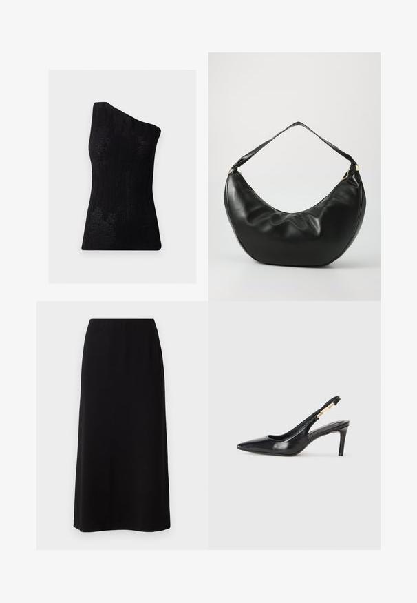 Sort one-shoulder top lavet af tekstureret stof, med et ribbet mønster og en tætsiddende design. Glat finish uden synlig hardware.; Sort maxiskørt med en glat, blød tekstur og en elastisk talje. Simpel, lige snit uden synlige mønstre eller udsmykninger.; Sort læder slingback højhælede sko med spidse tæer, glat overflade og en smal ankelrem med guldfarvede hardware detaljer.; Sort læder skuldertaske med en buet form, blød tekstur og en enkelt rem; har en guldbeslået lynlås og diskret branding.