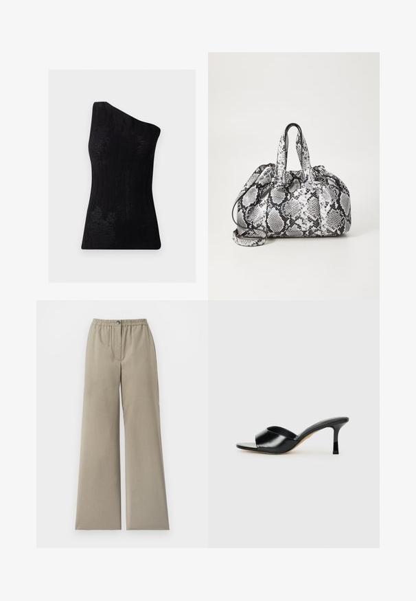 Haut noir à une épaule en tissu texturé, présentant un motif en côtes et une coupe ajustée. Fini lisse sans matériel visible.; Pantalon beige à jambes larges avec taille élastique et fermeture par bouton, tissu lisse, détail de couture à l'avant, sur fond blanc.; Mules à talons hauts en cuir noir avec un design à bout ouvert et une large sangle supérieure incurvée. Texture lisse et silhouette élégante.; Sac à main en motif peau de serpent noir et blanc avec deux poignées, une fermeture à cordon et une bandoulière amovible. Texture lisse.