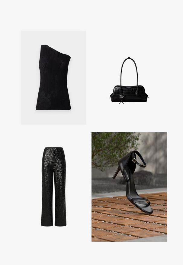 Haut noir à une épaule en tissu texturé, présentant un motif en côtes et une coupe ajustée. Fini lisse sans matériel visible.; Pantalons en sequins noirs avec un design à jambe droite, présentant une taille lisse et une texture réfléchissante, créant un effet scintillant.; Sandale noire à talon haut avec sangle à la cheville, suspendue au-dessus d'un sol en carreaux de bois à l'extérieur, avec un arrière-plan flou de verdure et de pierre.; Sac à épaule en cuir noir à texture crocodile, avec de longues sangles et un petit charm logo argenté sur une sangle.
