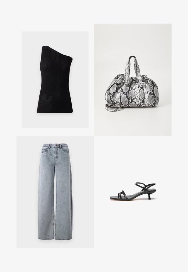 Schwarzes Top mit einem Schulterriemen aus strukturiertem Stoff, das über ein gerippteres Muster und eine taillierte Passform verfügt. Glatte Oberfläche ohne sichtbare Beschläge.; Hellblaue Denim-Weitbeinjeans mit hohem Bund, ausgestattet mit Eingrifftaschen, Gürtelschlaufen und kontrastierenden Nähten.; Schwarze Ledersandale mit einem schlanken, minimalistischen Design. Sie verfügt über zwei dünne Riemen und einen kleinen, schrägen Absatz. Glatte Textur und offener Zehenbereich.; Schwarz-weiße Handtasche im Schlangenhautmuster mit zwei Griffen, einem Kordelzugverschluss und einem abnehmbaren Schultergurt. Glatte Textur.