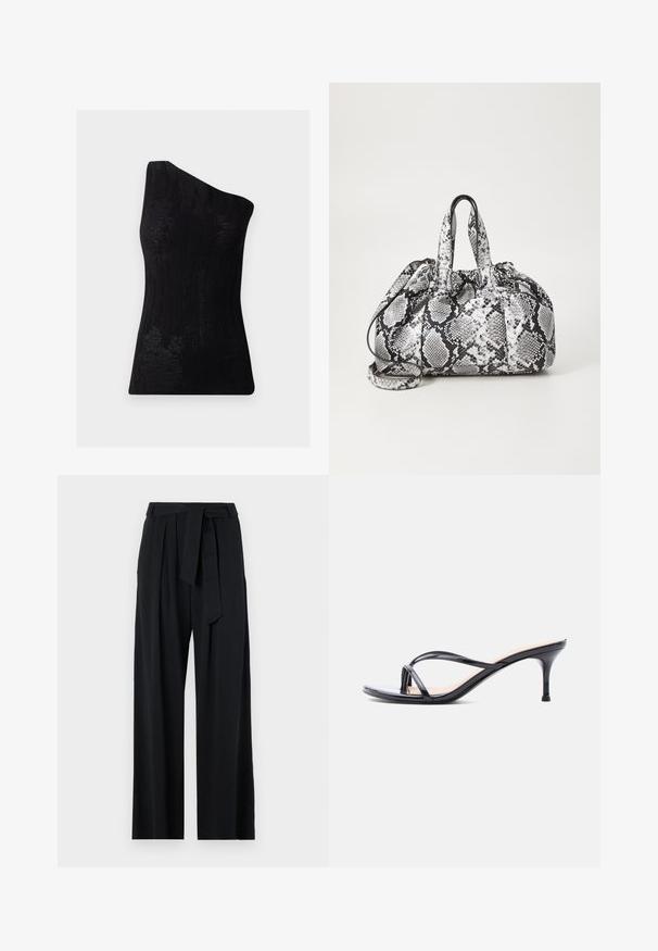 Haut noir à une épaule en tissu texturé, présentant un motif en côtes et une coupe ajustée. Fini lisse sans matériel visible.; Pantalon noir à jambes larges avec une taille ceinturée, présentant une texture lisse et des détails minimalistes, adapté à diverses occasions.; Sandale à talon en cuir verni noir avec fines lanières croisées et talon aiguille moyen et élancé sur fond blanc.; Sac à main en motif peau de serpent noir et blanc avec deux poignées, une fermeture à cordon et une bandoulière amovible. Texture lisse.