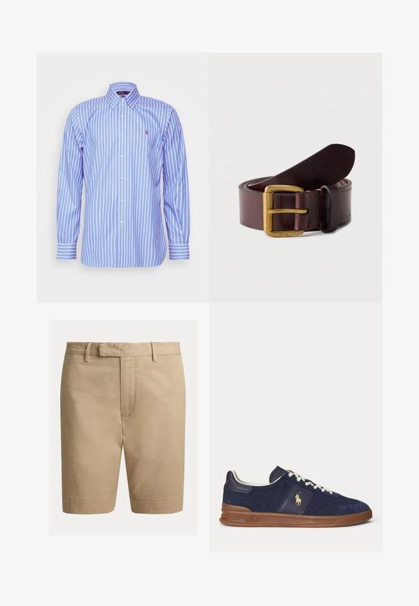Polo Ralph Lauren CUSTOM FIT STRIPED PINPOINT OXFORD SHIRT - Hemd - blue/white; Beige knielange, maßgeschneiderte Shorts mit Gürtelschlaufen und Frontverschluss, angezeigt vor einem schlichten weißen Hintergrund.; Marineblaue Low-Top-Sneaker mit weißen Schnürsenkeln, brauner Sohle und Polo-Spieler-Logo an der Seite, von links betrachtet.; Dunkelbrauner Ledergürtel, aufgewickelt, mit einer Messingschnalle, die mit dem Wort Polo graviert ist, auf einem schlichten weißen Hintergrund.