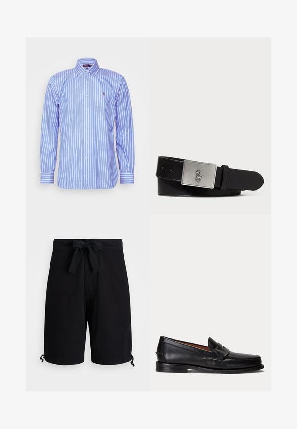 Polo Ralph Lauren CUSTOM FIT STRIPED PINPOINT OXFORD SHIRT - Hemd - blue/white; Schwarze Badehose aus leichtem Stoff, mit einem Kordelzug an der Taille und verstellbaren Toggle-Details an den Säumen.; Schwarzer Lederloafer mit niedrigem Absatz und Pennyriemendetail, von der Seite auf hellgrauem Hintergrund gezeigt.; Schwarzer Leder-Gürtel mit einer rechteckigen silbernen Metall-Schnalle, die ein geprägtes Reiter-Logo trägt, glatter Textur und fünf Gürtellöchern.
