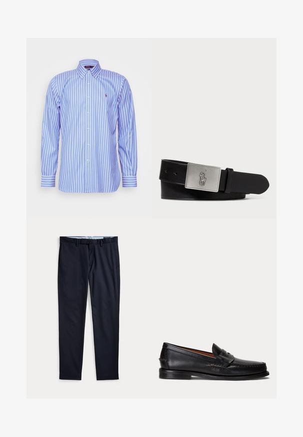 Polo Ralph Lauren CUSTOM FIT STRIPED PINPOINT OXFORD SHIRT - Chemise - blue/white; Pantalon habillé bleu marine pour homme avec passants de ceinture, braguette zippée et poches latérales, posé à plat sur fond blanc.; Mocassin en cuir noir avec un petit talon et une bride penny, vu de côté sur un fond gris clair.; Ceinture en cuir noir avec une boucle en métal argenté rectangulaire ornée d'un logo embossé de cavalier, texture lisse et cinq trous.