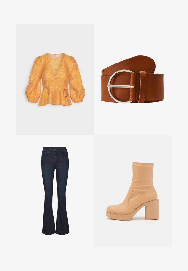 Monki Pluus - orange shimmer; Tumesinised laiema lõikega teksapüksid kõrge vöökohaga, millel on viis taskut ja peened õmblused. Sile tekstuur klassikalise disainiga.; Even&Odd by Zalando Kõrge kontsaga poolsaapad - beige; Pruun nahkrihm laia, sileda rihmaga, millel on ümmargune hõbedane metallist lukk ja õmmeldud silmus.