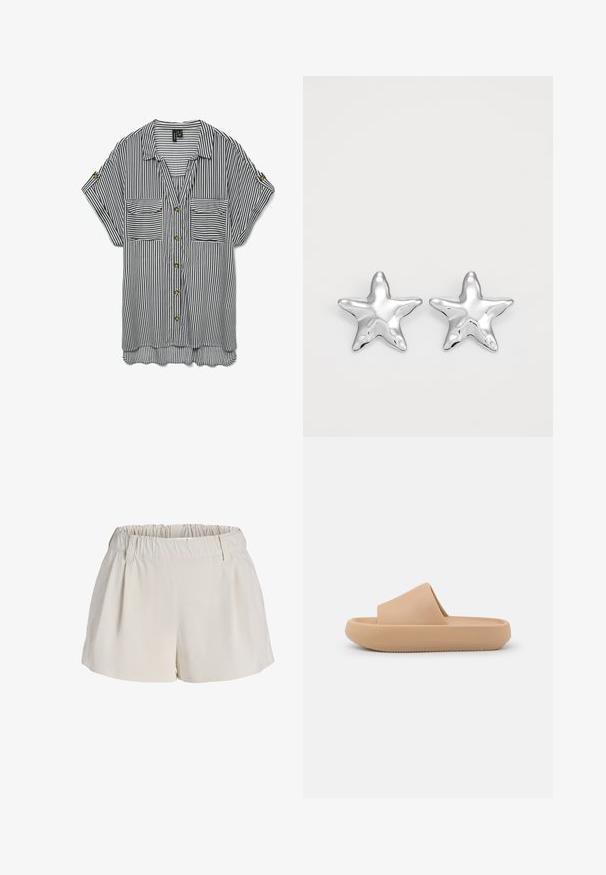 Sort og hvid kortærmet skjorte med lodrette striber, to forlommer og opsmøgede ærmer, der er fastgjort med knapper.; Beige elastiske shorts med bæltestropper og en afslappet pasform, vist mod en hvid baggrund.; Tan slidesandal med en tykk tekstureret rem og en rund sål. Har en glat overflade og en mønstret underside for bedre greb.; Sølvstjernede øreringe med en poleret, blank overflade. Hver ørering har fem spidser og subtile teksturdetaljer på overfladen.