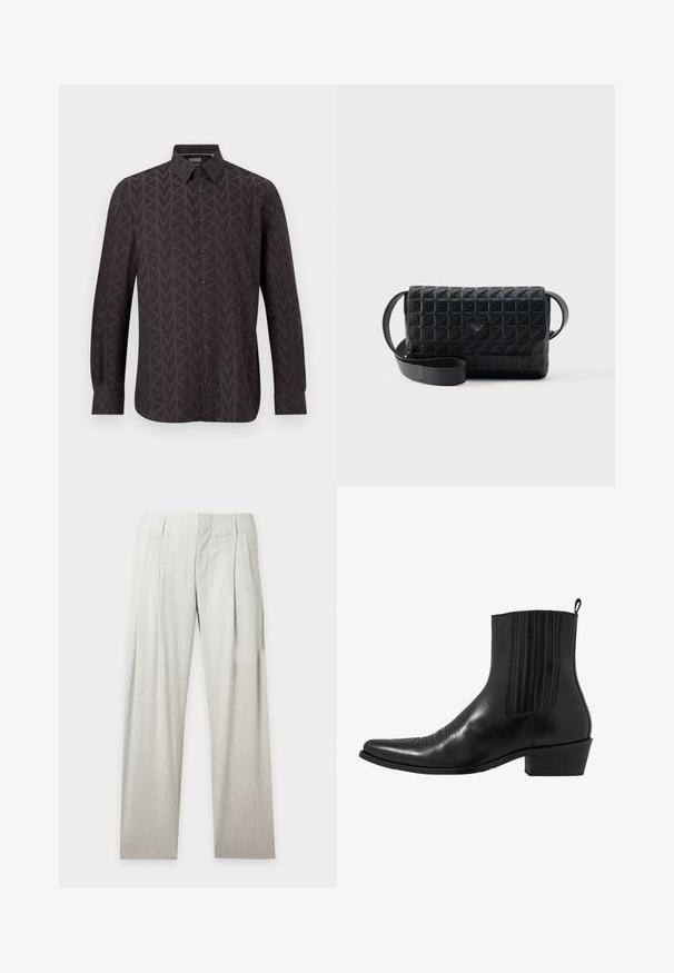 Chemise à manches longues marron foncé avec boutons, arborant un motif géométrique "MK" sur l'ensemble et un col standard, présentée sur un fond blanc.; Pantalon beige clair à jambes larges avec passants pour ceinture et plis à l'avant, présenté sur fond blanc uni.; Bottine noire en cuir avec un bout pointu, des panneaux latéraux élastiques, des accents de coutures verticales et un petit talon bloc.; Sac bandoulière noir texturé avec une fermeture à rabat et un petit logo en métal sur le devant, présenté sur un fond uni.