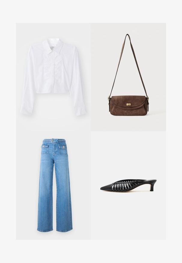Chemise blanche raccourcie en coton lisse, avec un détail froncé sur le devant, un col pointu, et des manches longues avec des poignets boutonnés.; Jean large taille haute bleu clair avec poches avant à rabat, ceinture tressée et fermetures à bouton doré.; Mule en cuir noir avec bout pointu, design découpé à brides et petit talon kitten sur fond blanc.; Sac bandoulière en daim marron avec une longue sangle réglable et une fermeture à tour dorée sur le rabat avant.