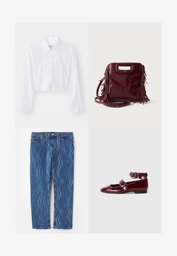 Chemise blanche raccourcie en coton lisse, avec un détail froncé sur le devant, un col pointu, et des manches longues avec des poignets boutonnés.; Jeans en denim bleu avec un motif ondulé bleu clair, coupe droite, fermeture à bouton et détails cousus sur les poches.; Ballerines en cuir verni bordeaux avec un bout pointu, une bride de cheville avec une boucle en argent et un petit talon. Texture lisse sur l'ensemble.; Sac à main carré en cuir bordeaux avec poignée découpée, détails de franges latérales et bandoulière réglable sur fond uni.