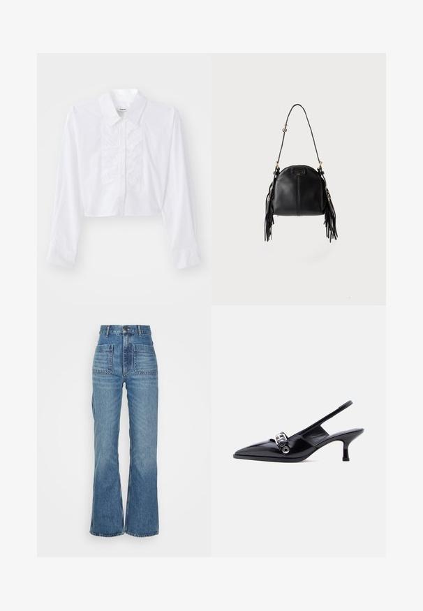 Korte witte blouse van glad katoen, met een frontale geplooide detail, puntige kraag en lange mouwen met knoopsluiting.; Hoge taille blauwe denim jeans met een uitlopende pijp, twee voorkezen en twee achterzakken; gestructureerde stof met een vervaagde wassing.; Zwarte slingback kitten heel schoen van lakleer met puntige neus en zilveren gespsluiting op een effen witte achtergrond.; Zwarte leren handtas met een gebogen vorm, lange verstelbare band en franjes aan beide zijden tegen een lichte achtergrond.