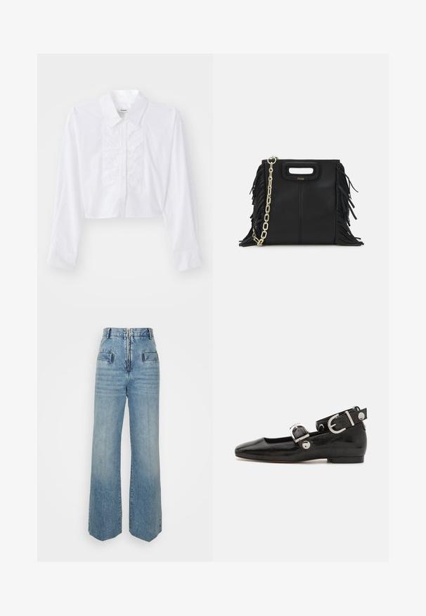 Chemise blanche raccourcie en coton lisse, avec un détail froncé sur le devant, un col pointu, et des manches longues avec des poignets boutonnés.; sandro Jean boyfriend - bleu jean; Ballerine en cuir verni noir avec un bout carré, sangle de cheville avec des détails en métal argenté et semelle plate. Texture lisse avec un design minimaliste.; Sac à main en cuir noir avec des détails en franges, chaîne dorée pour l'épaule et une poignée découpée. Présente le logo sur le devant.