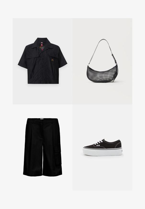 Chemise noire à manches courtes avec un devant à boutons, deux poches poitrine et un petit patch logo. Fabriquée en tissu léger et texturé.; Short cargo noir longueur genou avec passants de ceinture et une grande poche côté droit sur fond blanc.; Baskets en toile noires avec une semelle en caoutchouc blanc, dotées de lacets et de coutures blanches, marquage emblématique sur le côté, design basse.; Petit sac d'épaule noir en mesh en forme de croissant avec une lanière fine réglable, sur un fond clair uni.
