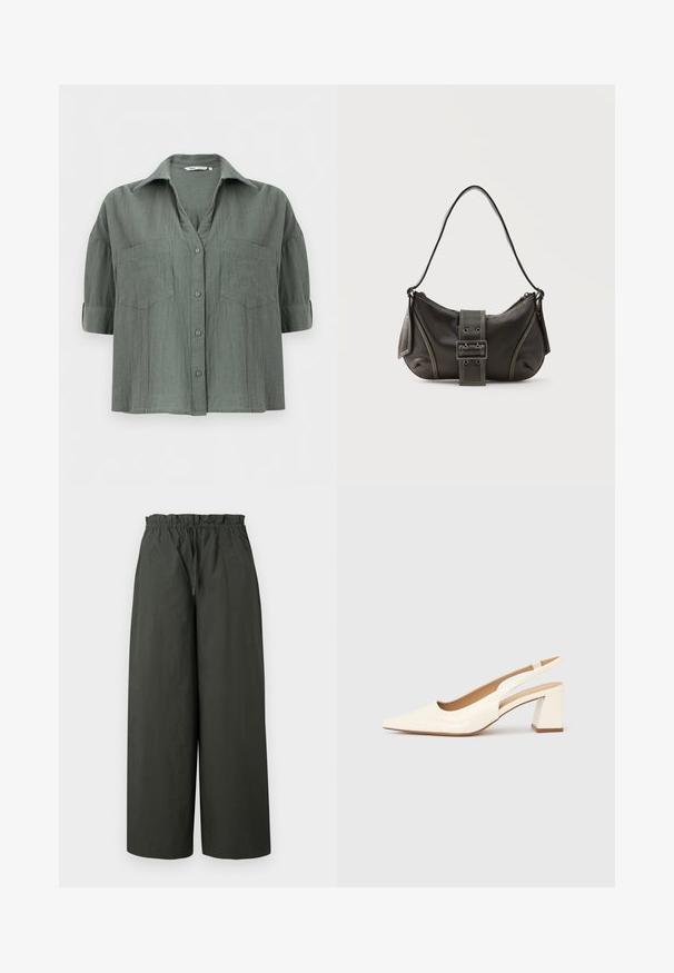 Camisa de manga corta con botones en verde apagado, con dos bolsillos en el pecho y cuello clásico, mostrada sobre un fondo blanco.; Pantalones de pierna ancha en tejido verde oscuro, con una cintura elástica y una textura suave, sin herrajes visibles ni patrones.; Zapato de salón con tira trasera en charol crema brillante, con punta afilada y tacón cuadrado grueso para mayor estabilidad. Diseño minimalista, sin adornos.; Bolso de hombro de cuero negro con detalle de correa con hebilla, bordes curvos y costuras blancas en contraste sobre un fondo liso.