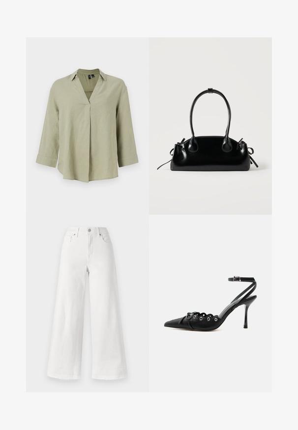 Chemise en lin vert olive avec un col en V, des manches longues et une coupe décontractée. Présente un détail de couture centrale et des poignets retroussés.; Jean large blanc en denim, avec une taille haute, un design à quatre poches et un ourlet brut en bas pour ajouter de la texture.; Chaussure à talon haut noire à bout pointu, bords festonnés, œillets métalliques, lacets à l'avant et bride de cheville avec fermeture à boucle.; Petit sac à main noir brillant avec deux longues anses et des détails à cordon sur les côtés sur un fond clair uni.