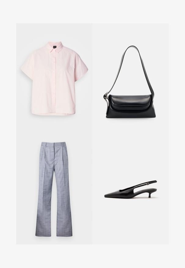 Lys pink kortærmet skjorte med knapper lavet af bomuld. Har en klassisk krave, forreste knapper og en buet kant. Glat tekstur.; Grå ternede bukser med bred ben-design, der har folder og en subtil tekstur. Lavet af letvægtsstof med en skræddersyet pasform.; Sort læder slingback sko med spids tå og lav lille hæl på en ensartet lys baggrund.; Sort læderhåndvask med en struktureret form, en glat overflade og en enkelt skulderrem. Har et subtilt, rundet klapdesign.