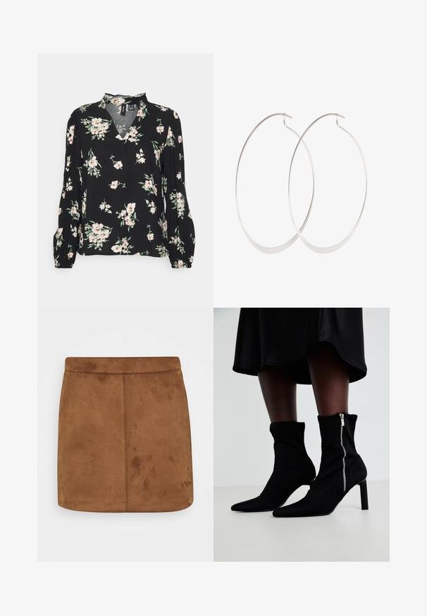 Vero Moda Petite VMEASY VOLUME TOP - Bluse - black aop/sandy black; Brun ruskinds mini-skirt med en glat tekstur, lige snit og en sømløs talje, der har et minimalistisk design uden mønstre eller udsmykninger.; Sorte ankelstøvler med en strækbart stofoverdel, spids tå og en sidelukning med lynlås, sat på en slank, høj hæl.; Sølv hoops øreringe med et tyndt, glat design; langstrakt oval form; poleret finish; har en sikker krog lukning.