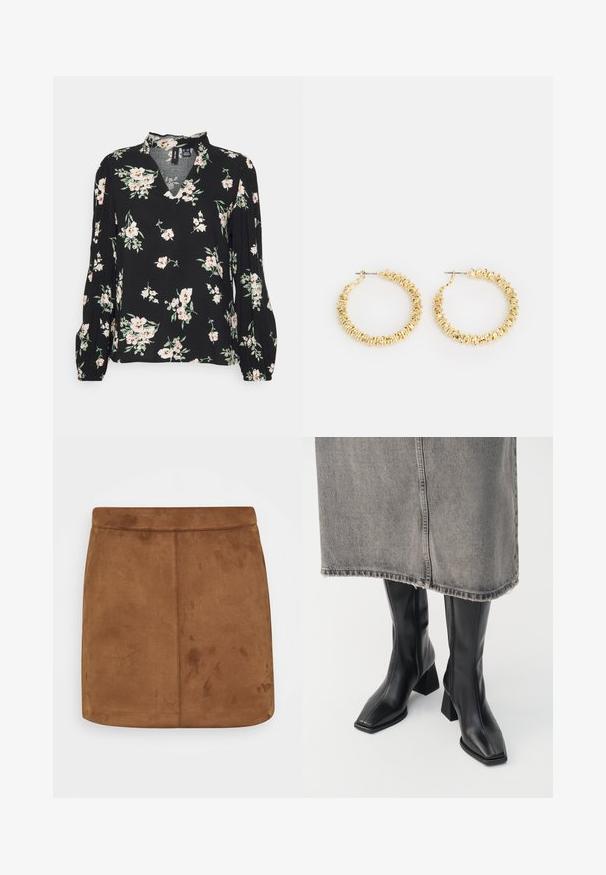 Vero Moda Petite VMEASY VOLUME TOP - Bluse - black aop/sandy black; Brun ruskinds mini-skirt med en glat tekstur, lige snit og en sømløs talje, der har et minimalistisk design uden mønstre eller udsmykninger.; Sorte knæhøje støvler i glat læder med firkantet tå og blokeret hæl. Båret med en grå denimnederdel med flosset kant.; Guldøreringe med en struktureret overflade og små, rundede detaljer. Cirkulært design og stiftbaglukning.