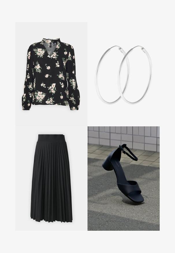 Vero Moda Petite VMEASY VOLUME TOP - Bluse - black aop/sandy black; Sort plisseret nederdel med en bredtalje, prydet med ensartede lodrette folder. Glat tekstur med et svævende design.; Sort læder sandal med åben tå, ankelrem og lav blokhæl, svævende over asfalt nær flisebelagt væg.; Sølvfarvede hoop øreringe med en glat, rund form og en poleret overflade. Begge øreringe er i samme størrelse og har en sikker lukke mekanisme.