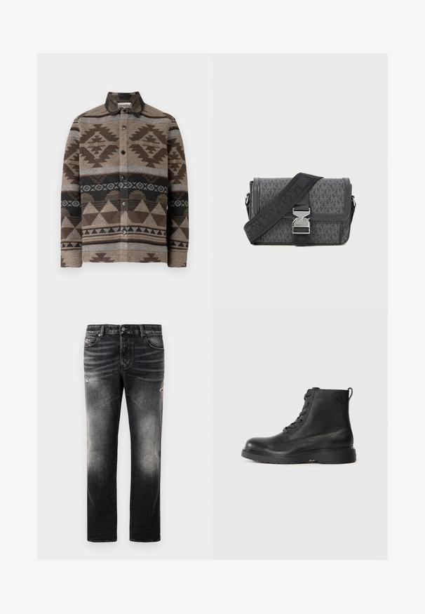 Camisa marrón abotonada hecha de lana con patrones geométricos en marrón oscuro, gris y negro. Cuenta con cuello y botones delanteros.; Jeans negros con acabado desgastado y toques rasgados, diseño estándar de cinco bolsillos y cierre con cremallera. Elaborados en tela de denim.; Botín negro de tobillo hecho de cuero texturizado con punta redonda, diseño con cordones y una resistente suela de goma negra. Presenta un lazo en el talón.; Bolso cruzado de color gris con estampado, hecho de material texturizado, que cuenta con un cierre de metal y una correa ajustable con marca y acentos en negro.