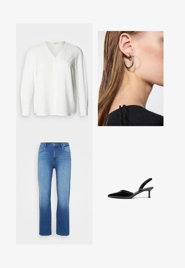 Hvid, langærmet skjorte med knapper og V-udskæring. Har et tekstureret stof og en lige pasform med synlige knapper foran og manchetter.; Lysblå denimjeans med lige snit, fem-lomme design og en slidt effekt ved kanten. Knaplukning i taljen.; Sorte patentlæder slingback hæle med spids tå, lav stiletto hæl og et elegant, enkelt design uden pynt.; Sølv hoop ørestik med en poleret overflade, prydet med små guld accenter og en rund form, båret på øreflippen.