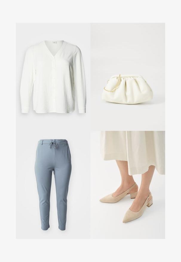 Witte blouse met lange mouwen en knopen, met een V-hals. Heeft een gestructureerde stof en een rechte snit, met zichtbare knopen aan de voorkant en manchetten.; Lichtblauwe, rekbare broeken met een taps toelopende pasvorm, elastische tailleband en verstelbaar trekkoord. Heeft zijzakken en een gladde textuur.; Beige suède slingback pumps met een spitse neus en blokhak. Het ontwerp heeft uitsparingen aan de zijkanten en een gouden gespaccent.; Witte leren handtas met een geassembleerd ontwerp, voorzien van een gouden kettingband en een ronde vorm. Gladde textuur met zachte plooien en geen patronen.