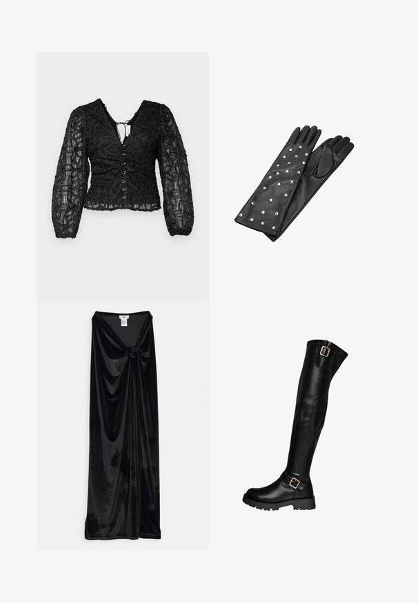 Hofmann Copenhagen JULY TOP - Bluse - black; GmbH LONG SKIRT WITH A KNOT - Maxinederdele - black; Sorte læderstøvler til knæene med chunky sål og to guldspænder, en ved anklen og en øverst.; Sorte læderhandsker med lange fingre, prydet med sølvnitter arrangeret i et mønster. Glat tekstur med en tætsiddende pasform ved håndleddet.