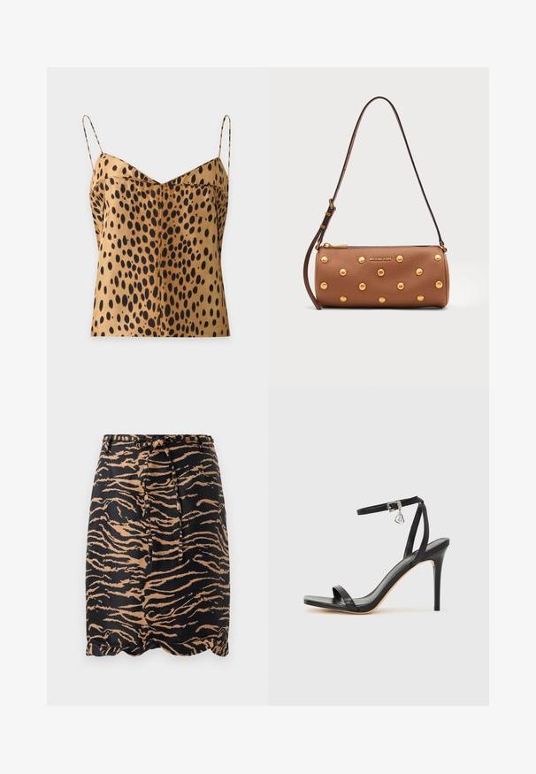 Top marron en satin sans manches avec des taches noires irrégulières et fines bretelles, présenté sur un fond clair uni.; Jupe rayée noir et fauve en tissu lisse, dotée d'une taille à nouer et d'un ourlet en dentelle.; Sandale à talon haut noire avec une bride étroite à la cheville, bout carré, cuir lisse et accent de boucle métallique.; Sac à main cylindrique en cuir marron avec clous dorés, bandoulière réglable et logo Michael Kors doré sur le devant.