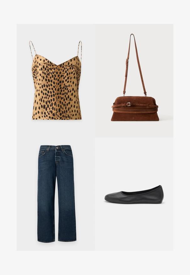 Brun ærmeløs satin top med sorte uregelmæssige pletter og tynde skulderstropper, vist mod en ensartet lys baggrund.; Mørkeblå denimjeans med lige skæring, fem lommer og metalhardware. Har en let falmet overflade og en ren kant.; Sort læderballetsko med rund tå, glat tekstur, minimal syning og et fleksibelt såldesign.; Brun ruskind skuldertaske med lang justerbar rem og spænde foran, vist mod en ensfarvet baggrund.
