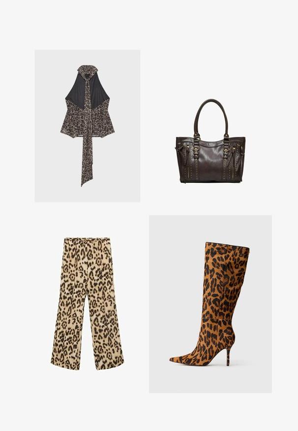 Schwarzes Neckholder-Top mit braunem Leopardenmuster am Saum und passendem langen Schal, der am Hals gebunden ist und vorne herunterhängt.; Leopardenmuster weite Hosen in Beige und Braun mit einem Kordelzugbund, glattem Stoff und lässiger Passform.; Braune Leopardenmuster-High-Heel-Stiefel mit spitzer Zehenform und tailliertem Design. Das Material wirkt glatt mit einer leichten Textur.; Dunkelbraune Lederhandtasche mit zwei Griffen, vertikalen Reißverschlusstaschen und dekorativen goldfarbenen Nieten auf einfarbigem Hintergrund.