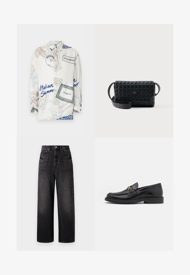 Hvit skjorte med knapper foran, med blå, grå og grønne grafiske trykk og tekst, inkludert "Italian Summer" og "Emporio Armani Milano."; Sorte denim jeans med løs passform, høy midje, fem lommer og synlig knappelukking. Har subtil falming og rett ben-design.; Sorte skinnloafers med rund tå, prydet med gullhardware og stingdetalj, plassert på en lav, teksturert gummisåle.; Svart teksturert crossbody-veske med klafflukking og en liten metallogo på forsiden, vist mot en ensfarget bakgrunn.