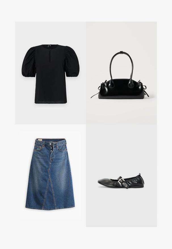 Sort bluse med puffede ærmer, rund halsudskæring og en lille nøglehulldetalje foran. Teksturert stof med subtil rutemønster.; Denimnederdel i medium vask blå med A-linjeform, frontslids, fem lommer og knaplukning i taljen.; Sorte læder flade sko med spids tå, samling detaljer omkring åbningen, og en sølv spænde accent på den justerbare rem.; Lille sort blank håndtaske med to lange håndtag og snøre-detaljer i siden på en ensfarvet lys baggrund.