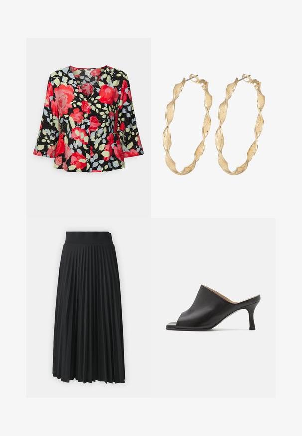 Object Petite OBJLIMONE - Bluse - hot coral; Sort plisseret nederdel med en bredtalje, prydet med ensartede lodrette folder. Glat tekstur med et svævende design.; Selected ASHLEY - Mules med hæl - black; Guldtonede snoede hoop øreringe med en tekstureret overflade og en sikker lås. Designet har svungne mønstre, der skaber dybde.