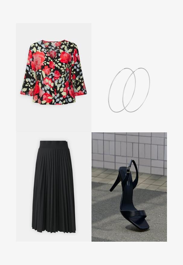 Object Petite OBJLIMONE - Blouse - hot coral; Jupe plissée noire avec une large ceinture, présentant des plis verticaux uniformes. Texture lisse avec un design fluide.; Sandale noire à talon haut avec bride à la cheville et bout carré, posée sur le pavé devant un mur carrelé.; Boucles d'oreilles en argent au design minimaliste. Forme circulaire, texture lisse et profil fin. Légères avec une finition polie.