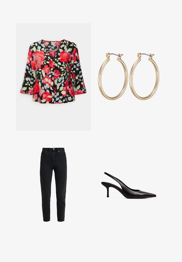 Object Petite OBJLIMONE - Bluse - hot coral; High-waist sort denim jeans med forreste knap og lynlås, to forlommer og en tilspidset ben foran på en hvid baggrund.; NA-KD Pumps - black; Guldfarvede metal hoops øreringe med et glat, cirkulært design og en sikret hængsel-lukning. Letvægts med en poleret overflade.