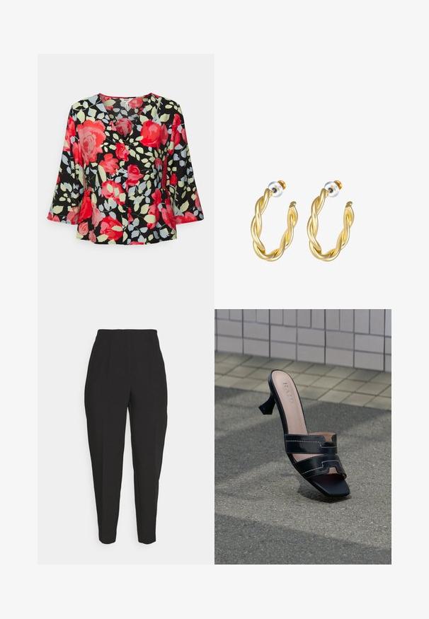 Object Petite OBJLIMONE - Blouse - hot coral; Des pantalons noirs ajustés présentent une taille haute, des plis avant, des jambes fuselées et une texture lisse. Fabriqués dans un tissu léger, sans fermetures visibles.; Mule à talon noir à bout ouvert avec double brides et bout carré sur un pavé texturé devant un mur carrelé.; Paire de boucles d'oreilles créoles torsadées dorées avec fermoirs poussoirs argentés et dorés sur fond blanc.