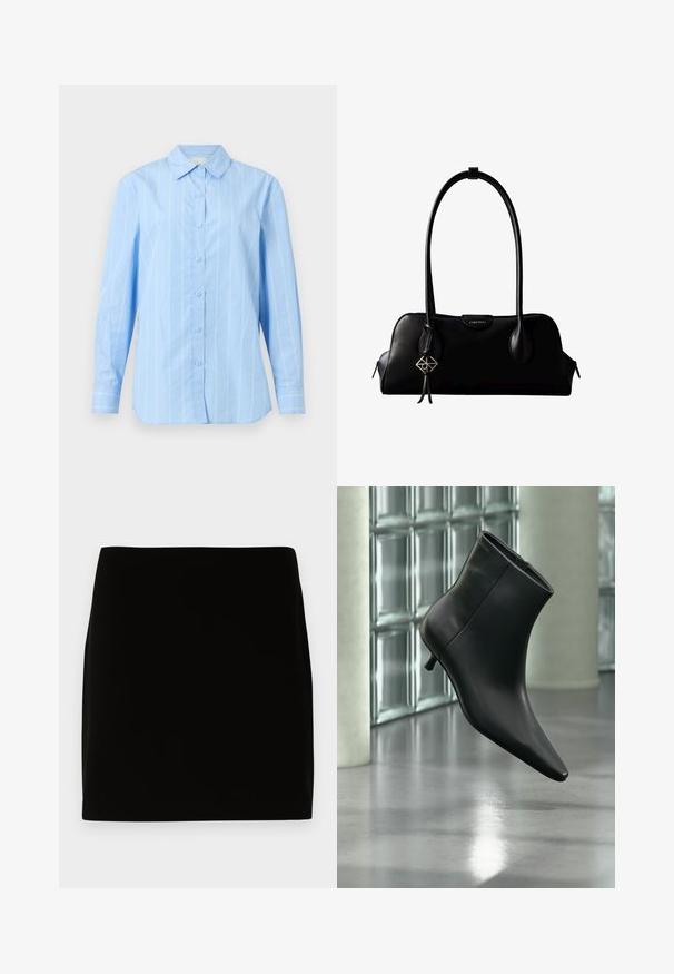 Chemise bleu clair à boutons avec des rayures blanches verticales, manches longues, col pointu et poignets boutonnés. Matériau en coton avec une texture lisse.; Jupe mini noire en tissu lisse, présentant un design simple sans coutures ni ornements visibles. Lignes épurées et coupe droite.; Bottine en cuir noir à bout pointu et petit talon kitten, présentée en angle devant un sol poli et un mur en blocs de verre.; Sac à main en cuir noir Calvin Klein avec de longues anses, une étiquette logo à l'avant et un charme géométrique argenté suspendu à une anse.