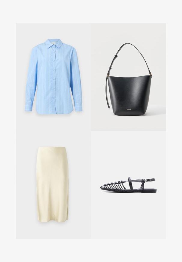 Chemise bleu clair à boutons avec des rayures blanches verticales, manches longues, col pointu et poignets boutonnés. Matériau en coton avec une texture lisse.; Jupe midi en satin jaune pâle avec une texture lisse, présentant une fente latérale et un design à coupe droite. Silhouette simple et élégante.; Sandale plate noire avec plusieurs fines lanières, bride à boucle à la cheville et design cage à bout ouvert sur fond blanc.; Sac seau en cuir noir avec bandoulière réglable et petit logo Calvin Klein doré sur le devant.