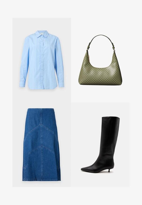 Hellblaues Hemd mit Knopfleiste, vertikalen weißen Streifen, langen Ärmeln, spitzem Kragen und geknöpften Manschetten. Aus Baumwollmaterial mit glatter Textur.; Denim-Bleistiftrock in Dunkelblau mit vertikalen Nahtdetails und gerader Silhouette. Verfügt über einen Bund und einen rohen Saum.; Schwarzer kniehoher Lederstiefel mit spitz zulaufender Schuhspitze und niedrigem Kittenabsatz vor einem schlichten hellen Hintergrund.; Olivgrüne Schultertasche mit verstellbarem Riemen und einem sich wiederholenden geometrischen Muster aus ineinandergreifenden Schlaufen.