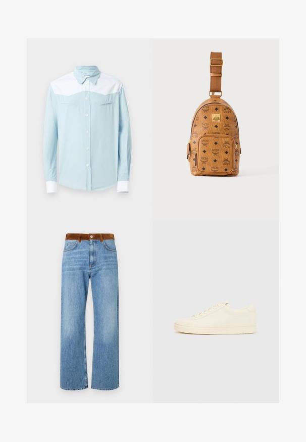 Chemise à boutons bleu clair avec empiècement blanc aux épaules et aux poignets, col pointu, et deux poches poitrine horizontales avec des coutures en forme de flèche.; Jeans en denim bleu clair avec une coupe droite, dotés d'une taille en suède marron, de poches avant et d'une fermeture éclair.; Baskets couleur crème avec une tige en cuir lisse, bout arrondi, laçage à l'avant et semelle en caoutchouc texturée. Design minimaliste, sans logo.; Petit sac bandoulière en cuir beige avec bandoulière réglable, poche zippée à l'avant et motif répété du logo noir MCM.