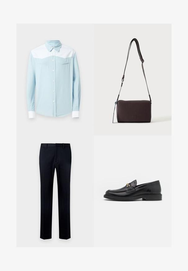 Chemise à boutons bleu clair avec empiècement blanc aux épaules et aux poignets, col pointu, et deux poches poitrine horizontales avec des coutures en forme de flèche.; Pantalon noir en tissu lisse, doté d'une coupe droite, d'une taille avec passants pour ceinture et d'une fermeture éclair à l'avant.; Mocassins en cuir noir avec un embout rond, présentant des accents en métal doré et des détails de couture, montés sur une semelle en caoutchouc texturé et basse.; Sac bandoulière en cuir marron foncé texturé avec une sangle réglable et un petit accent décoratif bleu sur le côté.