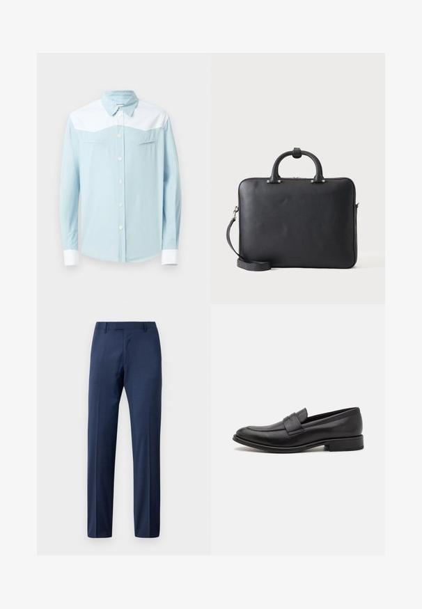 Camisa de botones azul claro con yugo y puños blancos, cuello puntiagudo y dos bolsillos en el pecho horizontales con costuras en forma de flecha.; Pantalones de traje de hombre en azul marino, ajustados, con pasadores para cinturón y cierre de cremallera en la parte delantera, exhibidos sobre un fondo blanco.; Mocasín de cuero negro con un acabado suave, una tira decorativa en la parte superior, punta redondeada y un tacón bajo apilado.; Maletín negro de piel con doble asa y correa de hombro desmontable sobre un fondo liso y claro.