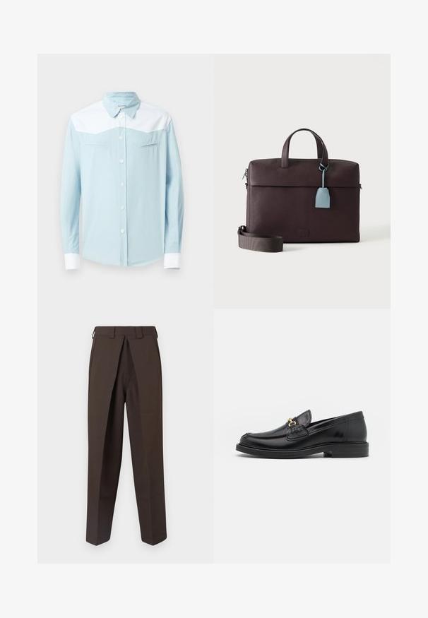 Lyseblå skjorte med knapper, hvid skulderstykke og manchetter, spids krave og to vandret brystlommer med pil-formet syning.; BLUEMARBLE WORK PANT - Bukser - brown; Sorte læder loafers med en rund tå, der har guld hardware accent og syningsdetaljer, placeret på en lav, tekstureret gummisål.; Mørkebrun lædermappe med top-håndtag, aftagelig skulderrem og lyseblå lædermærkat, der hænger fra et håndtag.