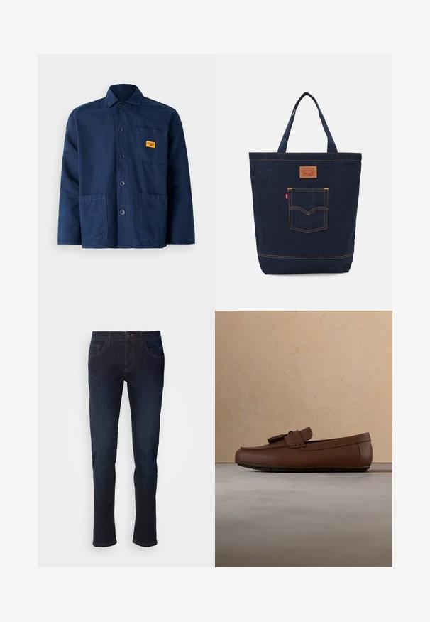 Mørkeblå bomuldsjakke med spidse krave, fremadskuende knapper, to store lommer og et lille gult mærke på brystet.; Mørkeblå denim jeans med lige ben, som har forlommer, lynlås og subtile syninger.; Brun læderloafer med frynser, der hviler på et beige struktureret tæppe foran en lysebrun sofa.; Mørkeblå denim tote bag med to håndtag, synlige sømme og en frontlomme med et klassisk logo-patch.