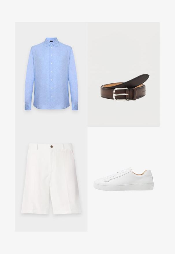 Lichtblauw herenoverhemd met lange mouwen, knoopsluiting aan de voorkant en klassieke kraag, op een effen lichtgrijze achtergrond.; Witte bermuda shorts van lichtgewicht stof met een relaxte pasvorm, voorzien van een enkele bruine knoop en voorzakken.; Witte leren sneaker met een gladde afwerking, ronde neus, platte vetersluiting en een dikke rubberen zool met een gestructureerd grippatroon.; Donkerbruine leren riem opgerold met zilveren rechthoekige gesp op een witte achtergrond.