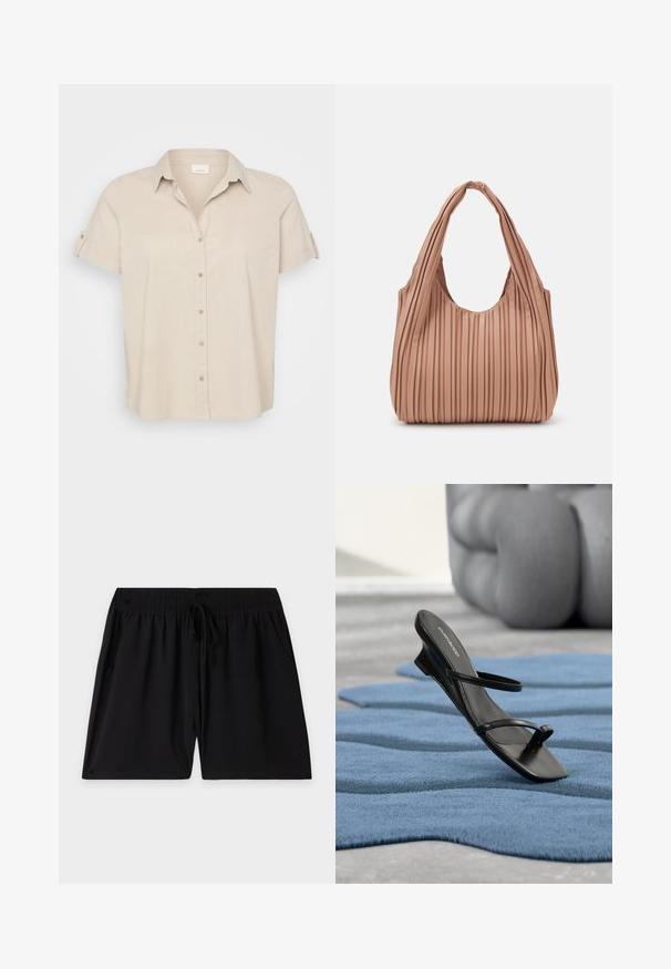 Beige shirt met korte mouwen, een puntige kraag, een knoopsluiting aan de voorkant en opgerolde mouwen. Gemaakt van een lichtgewicht, gestructureerde stof.; Zwarte shorts met elastische tailleband, verstelbaar trekkoord en zijzakken, plat neergelegd op een effen lichte achtergrond.; Zwarte sandalen met bandjes en teenlus, gepresenteerd op een blauw gestructureerd tapijt, met een groot grijs decoratief object wazig op de achtergrond.; Lichtroze geplooide handtas met een ronde opening en twee langwerpige handvaten, gemaakt van zacht textuur materiaal, wat het flexibele ontwerp versterkt.