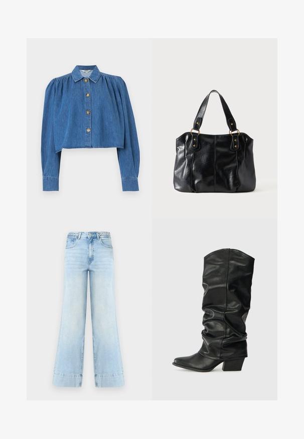 Blauwe cropped spijkerjasje met geplooide lange mouwen, knoopsluiting aan de voorkant en klassieke kraag.; Lichtblauwe wijde jeans met hoge taille, gevlochten riemlussen, knoop aan de voorkant, rits en twee zakken op een witte achtergrond.; Zwarte leren laarzen tot de knie met een verslonden ontwerp, puntige neus en een chunky hak, voorzien van een zachte textuur en minimale stiksels.; Zwarte leren schoudertas met dubbele bandjes bevestigd met gouden ringen en klinknagels, glad en licht glanzend oppervlak, eenvoudig ontwerp.