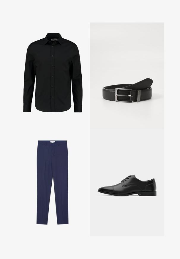 Chemise noire à manches longues en tissu lisse, dotée d'un devant à boutons, d'un col pointu et d'une coupe ajustée avec un ourlet courbé.; Pantalons de costume navy en tissu lisse, dotés d'un devant plat, de deux poches latérales, d'une fermeture éclair et d'un ourlet net sans motifs ni accents.; Chaussure habillée en cuir noir avec un bout arrondi, texture lisse, six œillets et une semelle noire basse. Présente une couture discrète sur le bout.; Ceinture en cuir noir avec une boucle en métal argenté, présentant une finition lisse et un design classique. La ceinture est soigneusement pliée.