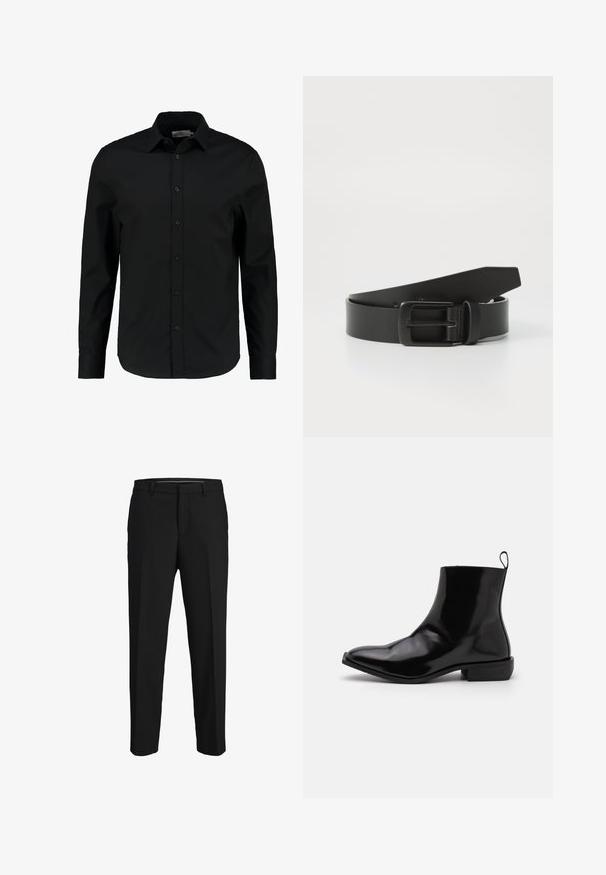Chemise noire à manches longues en tissu lisse, dotée d'un devant à boutons, d'un col pointu et d'une coupe ajustée avec un ourlet courbé.; Pantalons noirs en tissu lisse, présentant une coupe droite, des passants de ceinture et un devant plat sans motifs ni embellissements visibles.; Zign STUDIO by Zalando LEATHER - Bottines - black; Ceinture en cuir noir avec une boucle en métal noir mat, présentant une texture lisse et un design simple. Longueur réglable avec une extrémité effilée.